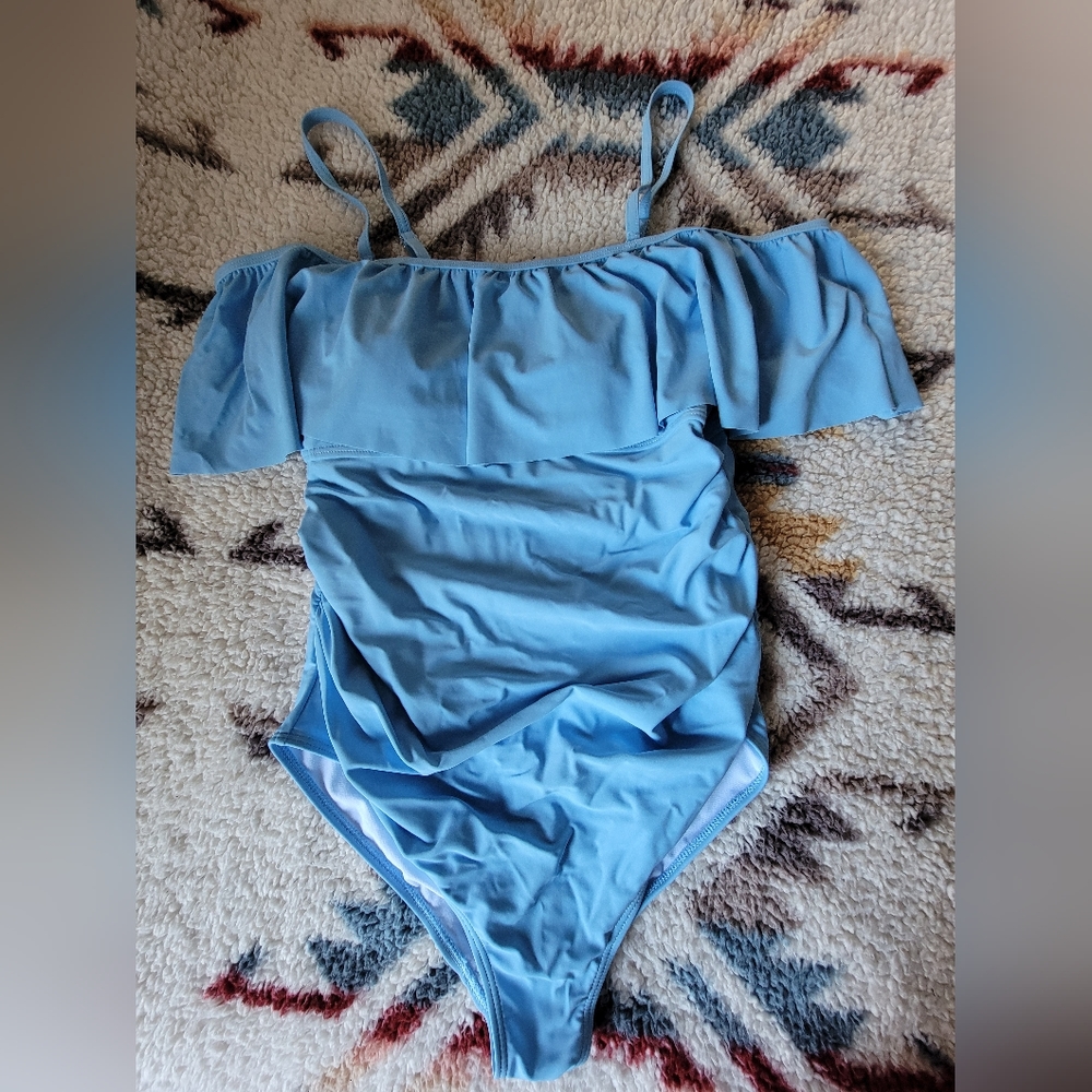 Pinkblush ruffle trim, ruched, one-piece maternity swimsuit, XL. Light blue.